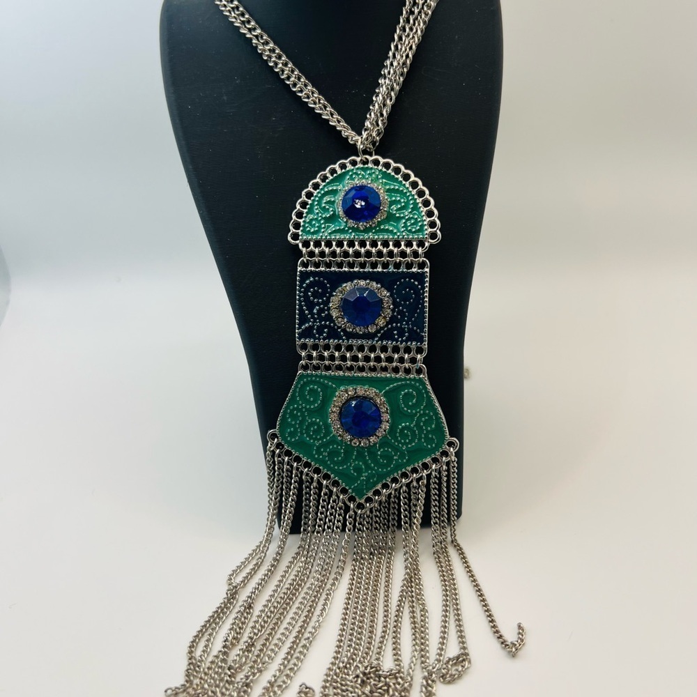 Vintage Boho Fringe Necklace Silver Tone Blue Rhinestone Enamel Statement - Picture 2 of 4